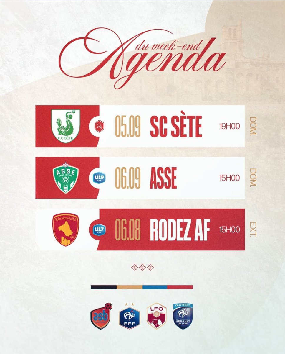 AS_Beziers's tweet photo. 🔴🔵 | Agenda du week-end

Découvrez le programme complet de nos équipes pour ce week-end.

#TeamASB https://t.co/kR2AFVusMd