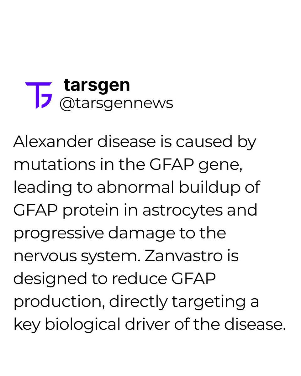 Tarsgen's tweet photo. 🧠 The FDA has approved Ionis’ Zanvastro, the first disease-modifying treatment for Alexander disease.

In a pivotal study, treated patients maintained walking speed, while the control group saw a 33% decline.

#Biotech #FDA #RareDisease https://t.co/d6rkfAphfk