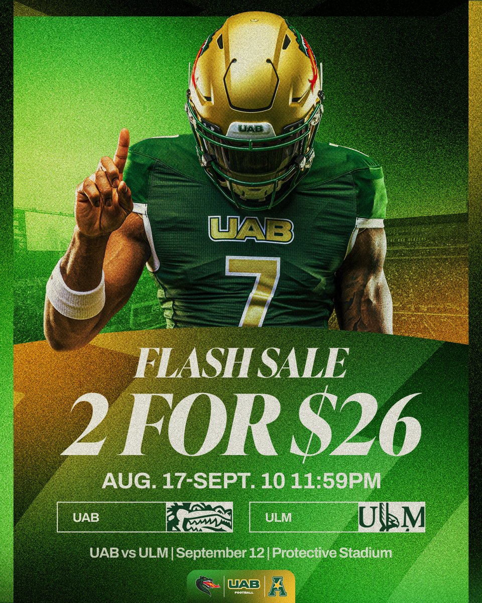 UAB_FB's tweet photo. FOUR DAYS LEFT!  

There's still time to get your tickets for the September 12 game vs. ULM! Get 2 tickets for $26 before the 9/10 deadline at 11:59 p.m.  

🎟️: https://t.co/JyShnB9369 https://t.co/UtWBB8VuA8