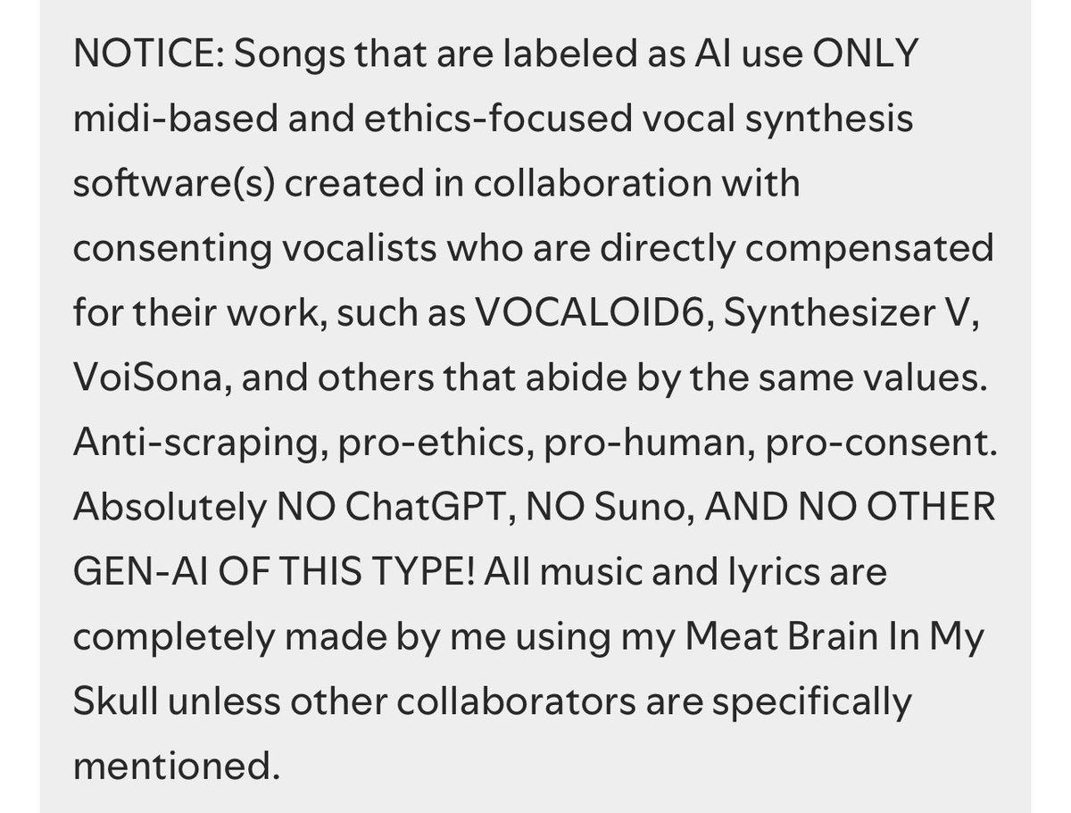 le_RIP_'s tweet photo. streaming services now neccesitate AI labels on songs made with synthv, v6, etc, i added this message to the about page of my spotify/other platforms. it sucks that they dont differentiate between suno and synthv :( other vocaps feel free to reference this for your own bio https://t.co/H39aOxDIKm