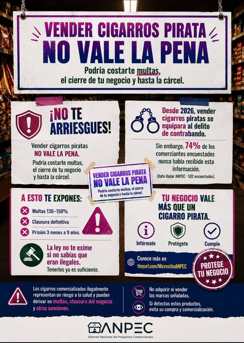 sebasCDMXc's tweet photo. Vender cigarros ilegales puede traer multas, clausura del negocio y consecuencias penales.

#NoALaExtorsión
#NoValeLaPena https://t.co/6nOw1TzHxY