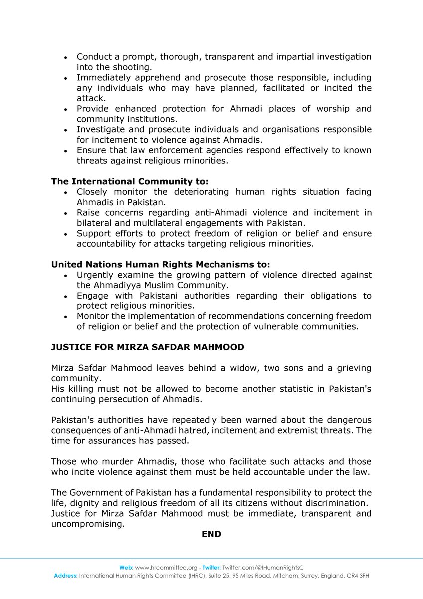 IHumanRightsC's tweet photo. 🚨 INCIDENT REPORT

TARGETED KILLING: AHMADI LOCAL OFFICIAL GUNNED DOWN IN PAKISTAN

Mirza Safdar Mahmood, 65, was shot dead while travelling to an Ahmadi place of worship in Mandi Bahauddin.

IHRC calls for immediate justice and accountability.

Read the full report below. https://t.co/FEI7uLaUPO