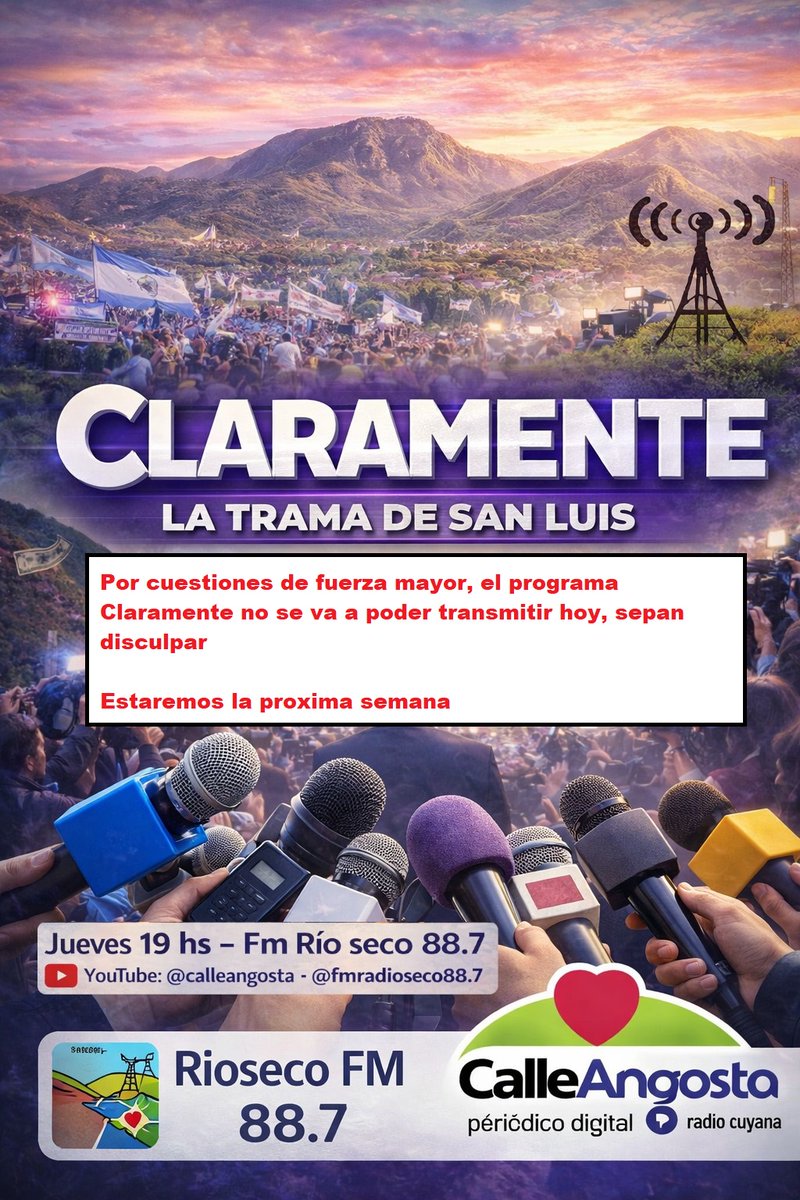 RiosecoFM's tweet photo. Lamentablemente hoy no se va a transmitir el programa Claramente  

Sepan disculpar, veremos la semana que viene https://t.co/vEhVXIkx9N