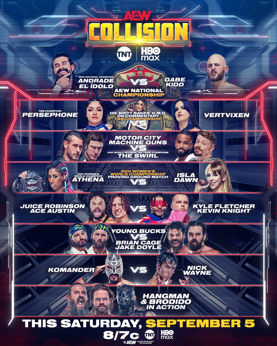 AEW's tweet photo. Tomorrow, 9/5!

Dr. @RealBrittBaker, D.M.D. will be on commentary for Persephone's TBS Title defense against @VertVixen as a part of Saturday #AEWCollision!

Don't miss a moment beginning at 8/7c on @TNTDrama &amp; @HBOMax, TOMORROW! https://t.co/GBaZFIxBny
