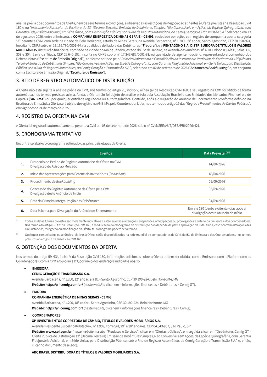 RiscoRetorno's tweet photo. #CMIG3 #CMIG4: Cemig Geração e Transmissão iniciou oferta de R$ 1 bi em debêntures, rating AAA(bra), destinada a investidores profissionais. Recursos serão usados na gestão de caixa, incluindo operações e reembolso de investimentos. https://t.co/6fbVHzuCQh