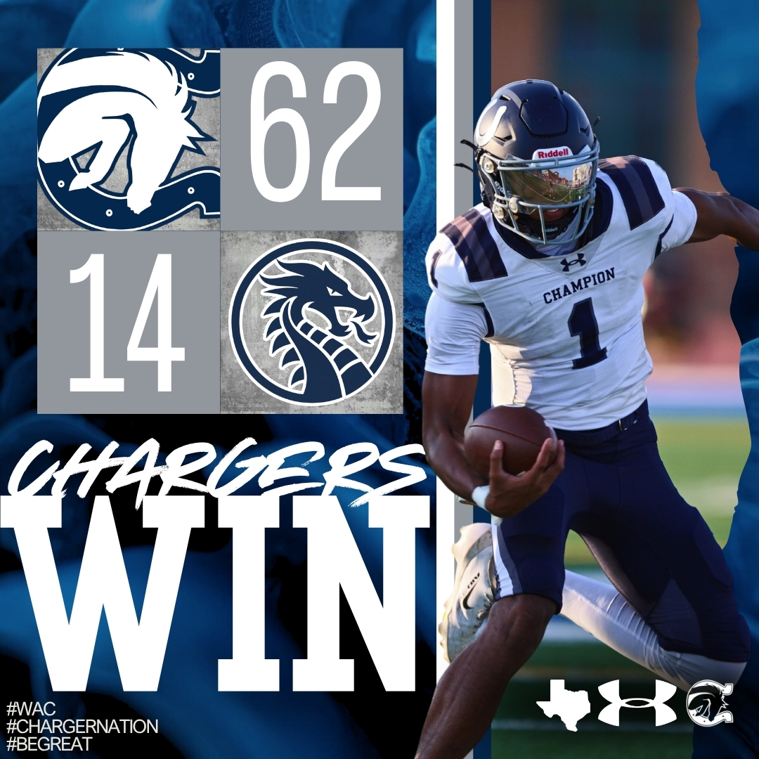 ChampionHSFB's tweet photo. CHARGERS WIN!! Another 60 point game for the offense and a stifling game for the defense!

2-0 On to the next
#WAC #CHARGERNATION #BeGREAT #RECRUITCHAMPIONS #TXHSFB https://t.co/3c8xKebV4u