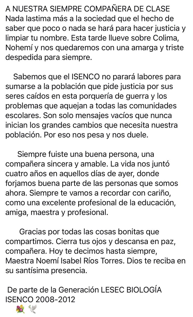 beltrandelrio's tweet photo. El crimen de Atizapán es espantoso pero es parte del clima de horror. El miércoles, en Manzanillo, la maestra Noemí Isabel Ríos Torres, docente del Instituto Superior de Educación Normal de Colima, fue asesinada a balazos cuando iba en su vehículo acompañada de sus hijos. https://t.co/YAcO8Cd1Vm