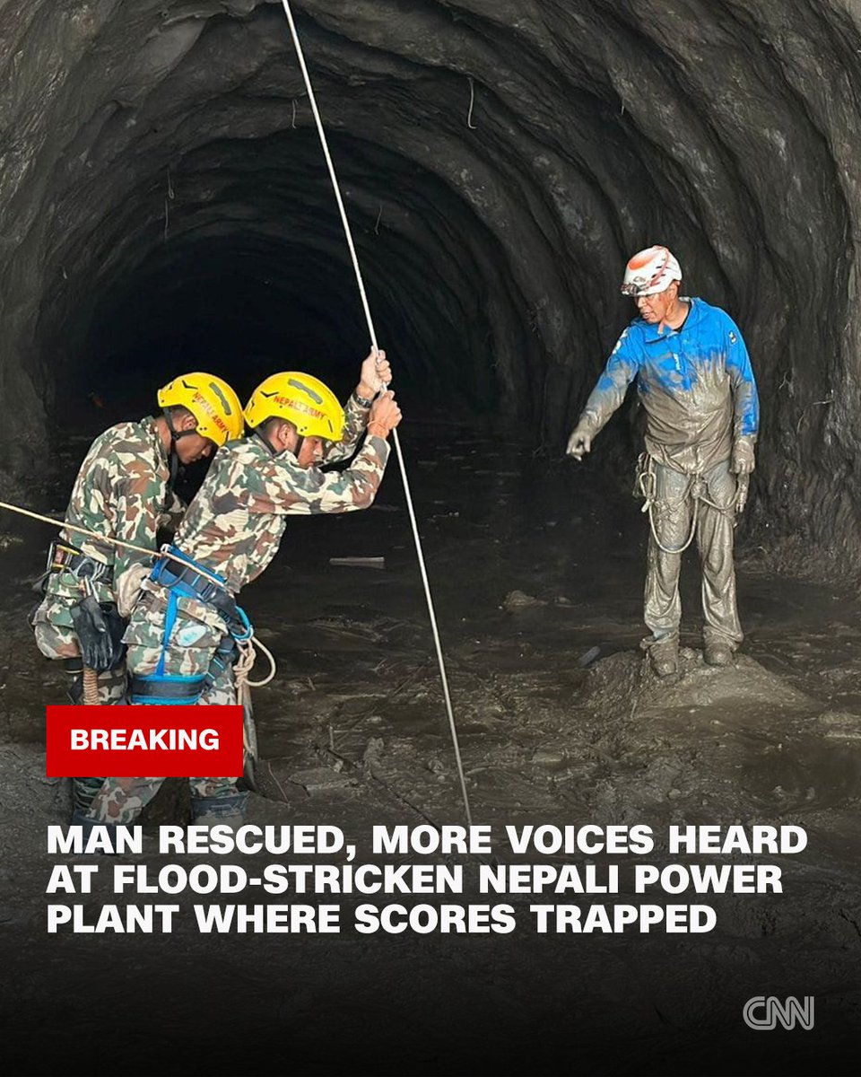 CNN's tweet photo. A man has been rescued from inside the tunnels of a stricken Nepali hydropower plant, where more voices have been heard, local officials told CNN, 9 days after massive flash floods and landslides trapped hundreds of workers inside multiple Himalayan energy projects. https://t.co/FJ6yrI7xom