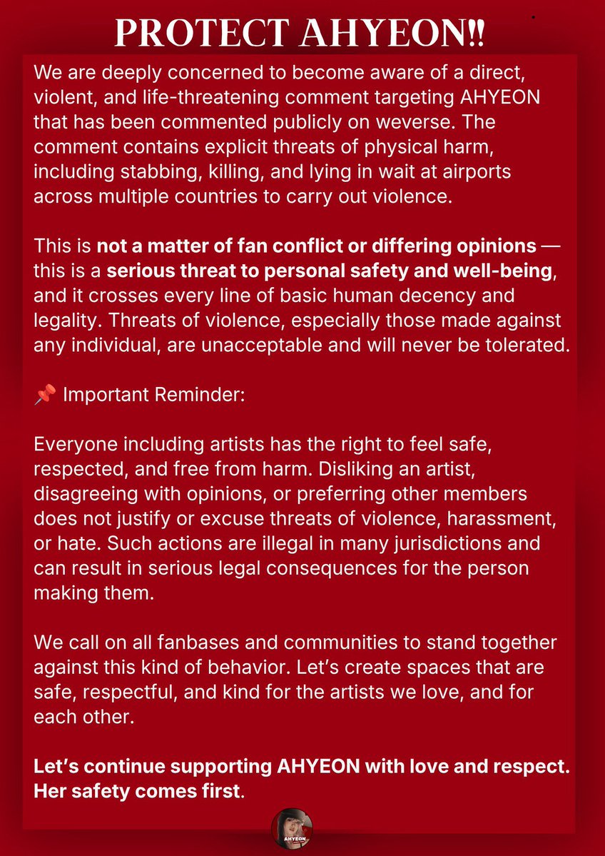 AHYEON_FAMILY's tweet photo. We strongly condemn the violent threats directed at AHYEON. This is a serious matter concerning her safety and should not be treated as fan conflict.

AHYEON’S SAFETY COMES FIRST
@YGBABYMONSTER_
@ygent_official @ygMonstiez

#PROTECT_AHYEON 
#AHYEON #BABYMONSTER https://t.co/ra1h7xZwpx