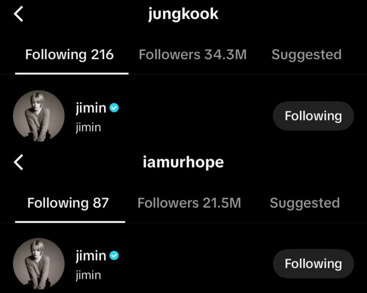 jmchartsmaster's tweet photo. Jungkook and J-Hope have now started following Jimin on TikTok. https://t.co/uya852MsYH