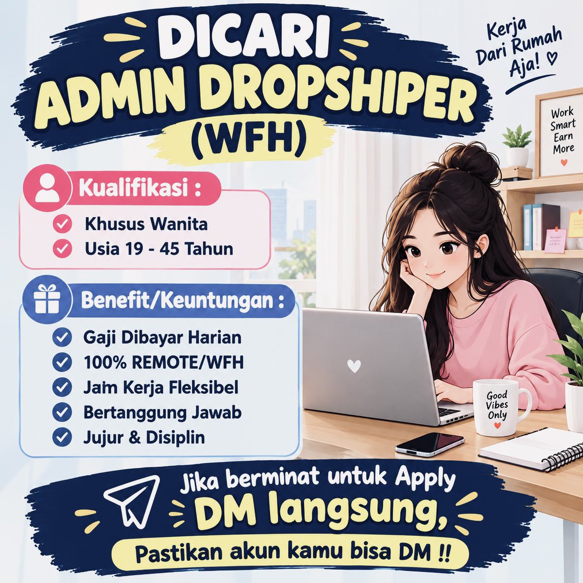 RestianaPutriii's tweet photo. OPEN LOKER 📄
Admin Online (wfh) 2026

📍 Kerja dari rumah (wfh)
💸 Gaji &amp; bonus harian
⏰ Jam kerja fleksibel

Detail syarat ada diposter &amp; cara melamar bisa langsung DM aja 🙏

#wfh #kerjasantai #zonauang #freelance #lokerterbaru #indonesiasukses https://t.co/OXCIZrVCyJ