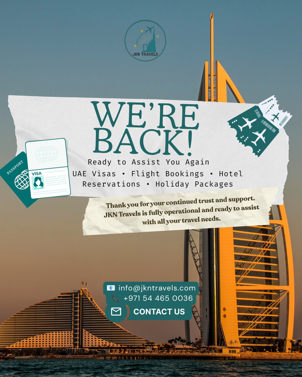 1112angie's tweet photo. We’re back and fully operational. JKN Travels is ready to assist with UAE visit visas, flight bookings, hotel reservations, and holiday packages. Plan your next journey with ease. https://t.co/pYsQldsw8M