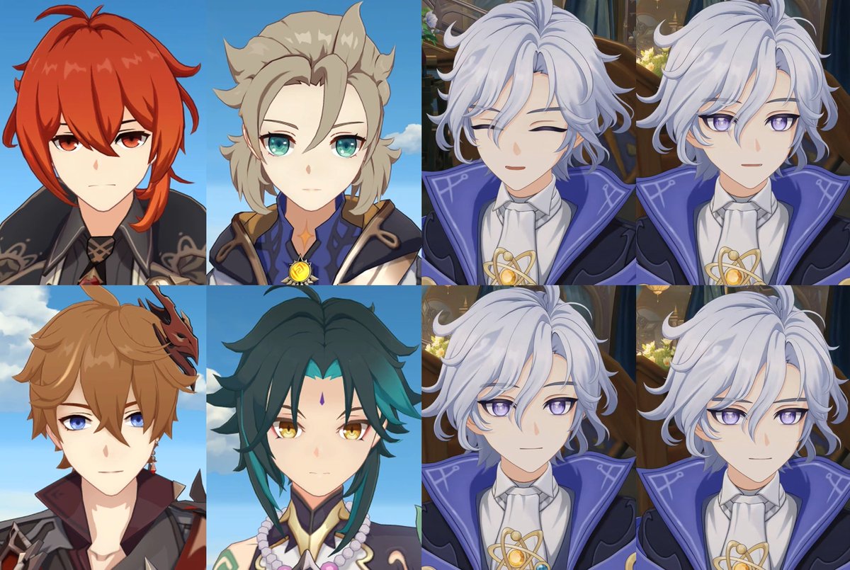 genshinmains_'s tweet photo. Not just Ayaka/Nilou vs Odette, but the difference between 1.x male characters and Mitya is massive. Look at that hair alone. 🌟

#GenshinImpact #Mitya #Albedo #Diluc #Xiao https://t.co/ORzm5GhpkT