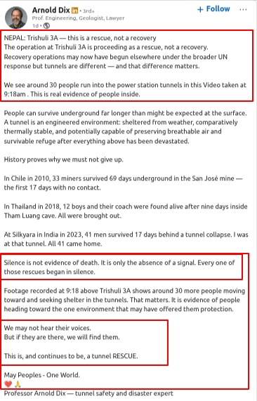 rowdykaraate's tweet photo. @ekantipur_com All hail Professor ARNOLD DIX - the REAL EXPERT guiding this rescue operation. The SO-CALLED NEPALI EXPERTS spreading DISINFORMATION against the Nepal Gov aren’t even worth a FART compared to him. 🫡🫡🫡 https://t.co/U8pECfWnhf