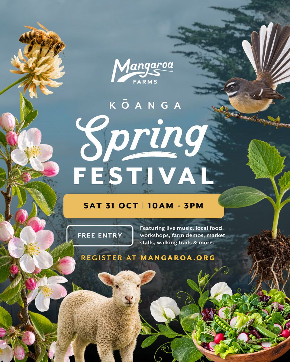 MangaroaFarms's tweet photo. Kōanga / Spring has arrived, and so has our biggest day of the year. Sat 31 Oct, 10am-3pm. Live music, local kai, organic coffee, permaculture &amp; garden tours, workshops, vendors, our walking trail, and plenty for the whole family to enjoy. 

Sign up: https://t.co/nAR5vJSUN7 https://t.co/f1q6d86uVj