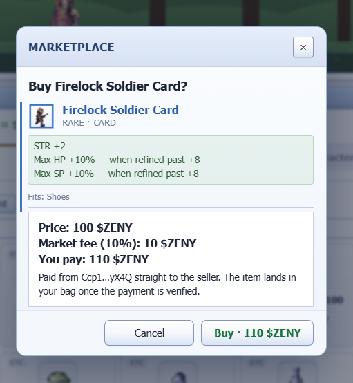Tzuzunee's tweet photo. Found a Firelock Soldier Card for just 110 solana:GsyjVZkKeSowzvpks9gJrznnyHTF21A4cu9TiGBCpump 👀🔥 STR +2 plus Max HP and Max SP bonuses when refined past +8. That’s a pretty interesting pickup for a shoe build in @IdleROGame. Time to hunt for some upgrades! ⚔️ https://t.co/pcvZPrTDba