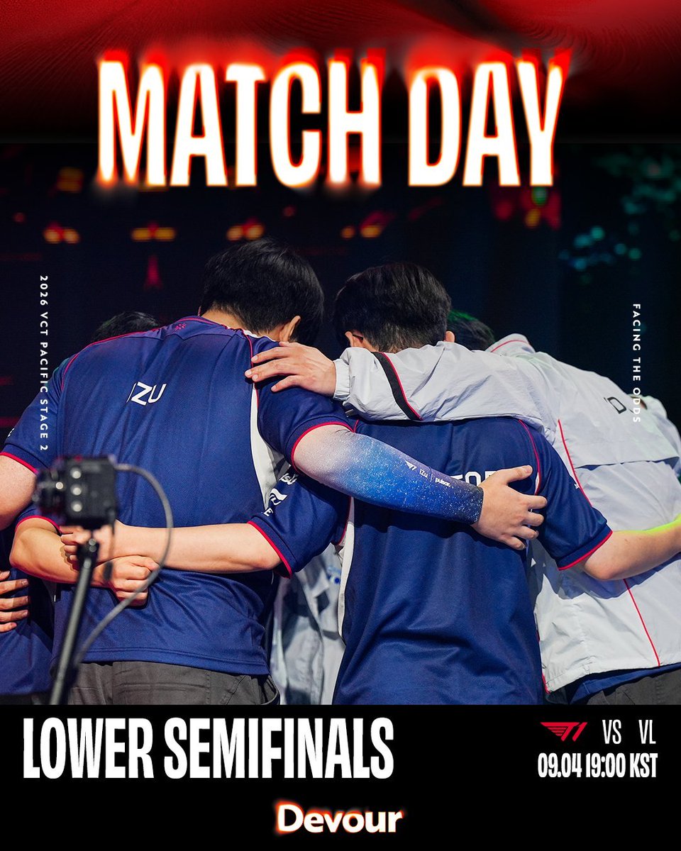 T1's tweet photo. TODAY'S MATCH UP 

🌊2026 VCT Pacific Stage 2
🔫Lower Semifinals vs VL
⏰09.04 FRI 19:00 PM [KST]

#T1VALORANT #DEVOUR https://t.co/9oZAbJHYts