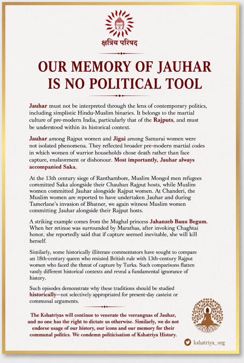kshatriya_org's tweet photo. Our memory of Jauhar is no political tool.

Jauhar must be understood in its historical context, not reduced to contemporary Hindu-Muslim binaries or political narratives. The Kshatriyas will continue to venerate the veerangnas of Jauhar, while rejecting attempts to appropriate our history, icons and collective memory for communal politics.

Our history belongs to us— not your political agendas.