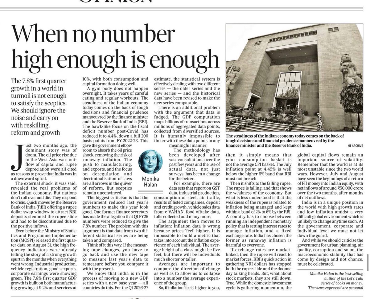 monikahalan's tweet photo. To use the result of an old measuring tape to compare with that of a new one is simply wrong.
The needless GDP number controversy, and the traction it had, hides a deeper faultline - a section of the population deeply wants to believe India is doing badly.
India's macro stability comes not as a chance but as policy decisions.
Certainly, a reason to celebrate that we remain the world's fastest growing economy despite a very unstable world.

My oped in @htTweets 
https://t.co/D2dm0QaIuO