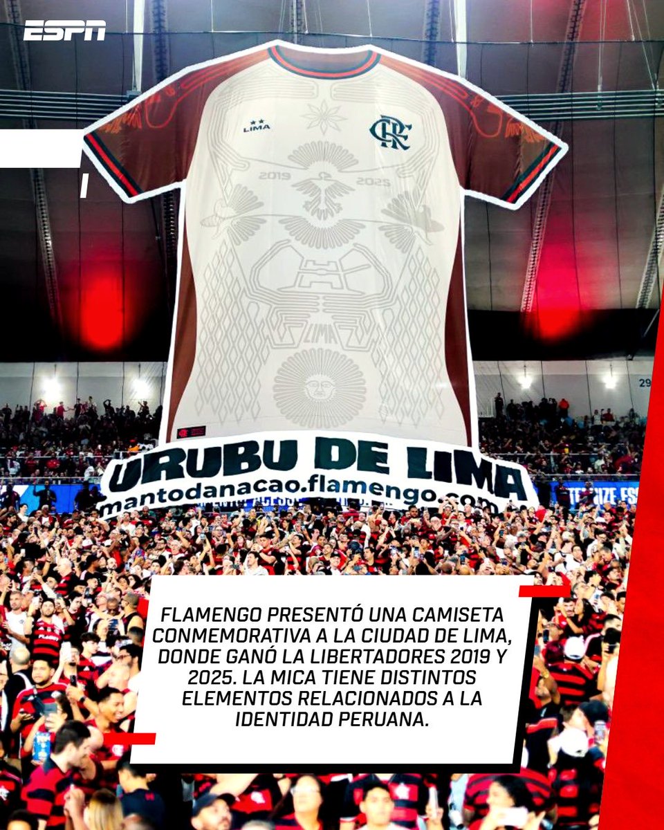 ESPNPeru's tweet photo. ¡HOMENAJE A LIMA!

Flamengo, vigente campeón de la CONMEBOL #Libertadores, presentó camiseta conmemorativa a la capital peruana, donde ganó los títulos de las ediciones 2019 y 2025. https://t.co/g5pMu55Wv5