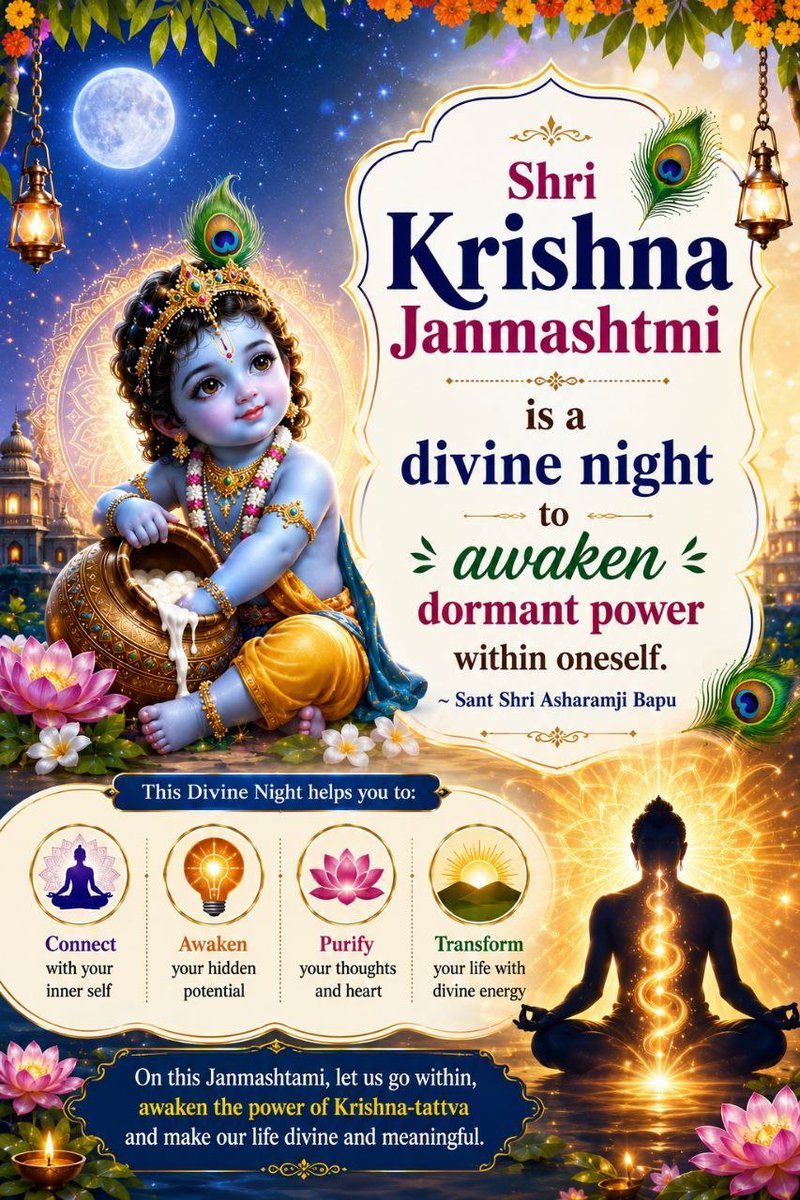svk94109's tweet photo. @AshramJodhpur #HappyJanmashtami
Shree Krishna के जीवन में धर्म के साथ करुणा और विनम्रता का अद्भुत संगम दिखाई देता है। पूज्य संत श्री आशारामजी बापू के बताए इस जीवन-संदेश को जन्माष्टमी पर समझें और उत्सव के साथ अपने आचरण को भी पवित्र बनाने का संकल्प लें। 
श्री कृष्ण जन्माष्टमी
जय कन्हैया लाल की https://t.co/Om8zDMgqgp