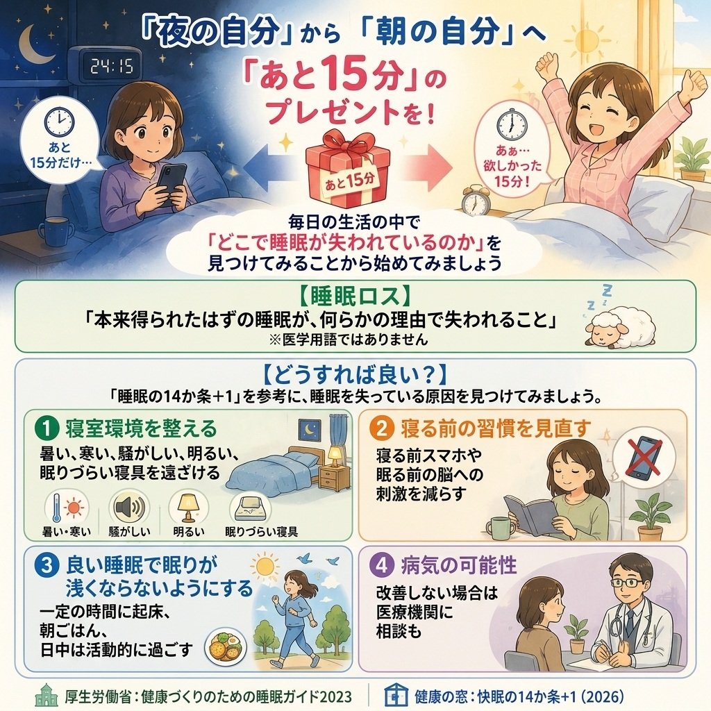 tak2show5's tweet photo. 【寝る前の「あと15分」は朝の「喉から手が出る15分」】
「もう少しだけ」ついついスマホなどを見続けることはありませんか？それ確実に睡眠時間を削っています。日々こぼれ落ちる時間「睡眠ロス」を見なおしてみましょう。それは夜の自分から朝の自分へのプレゼント
#健康の窓 #睡眠 #快眠 #睡眠ロス https://t.co/m9BWZ5sZg9