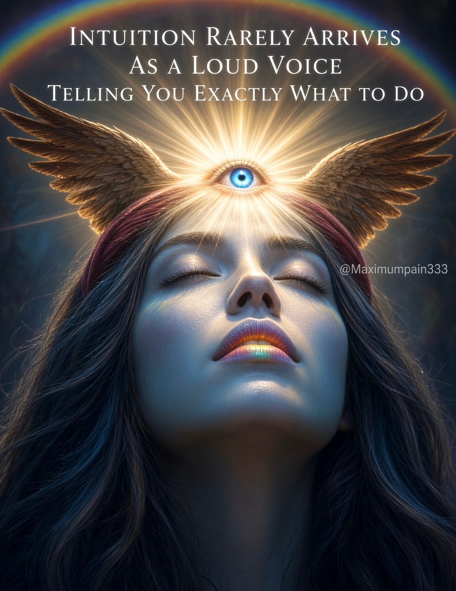 maximumpain333's tweet photo. INTUITION RARELY ARRIVES AS A LOUD VOICE TELLING YOU EXACTLY WHAT TO DO

It comes instead as a hush between heartbeats.
A warmth that rises in the ribs before the mind can name it.
A sudden stillness in the noise of the world, as if the veil thinned for one breath and something older than language leaned close.

Intuition is not a commander. It is a remembrance.
It does not shout instructions; it dissolves the false ones.
It does not hand you a map; it makes the fog itself become luminous so that you can walk by inner starlight.

You will know it by the way it feels like coming home to a place you have never seen.
By the way the body softens even as the soul stands taller.
By the quiet certainty that does not need to argue or prove.

It speaks in symbols the rational mind cannot yet translate:
a crow landing three times,
the same sentence appearing in three different books,
a dream that leaves the taste of rain on the tongue upon waking.

Do not demand it speak louder.
Learn instead to become quieter.

The sacred does not compete with the clamor.
It waits in the pause after the question, in the space between inhale and exhale, in the moment you stop trying to hear and simply listen with the whole of your being.

Trust the pull that has no explanation.
The knowing that arrives without evidence.
The path that reveals itself only after you have already taken the first step in the dark.

That is how the Mystery moves.
Not as thunder.
As the softest, most undeniable yes.