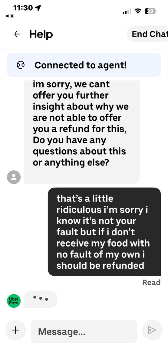 pixelatedmoth's tweet photo. really @UberEats? i didn’t get my order at all but i can’t get a refund for that? okay man! y’all have gotten so bad lately honestly i think i’m done using your service 🙄 the support agent ignored my last message and just ended the chat btw i have more screenshots https://t.co/KNka2DJDZA