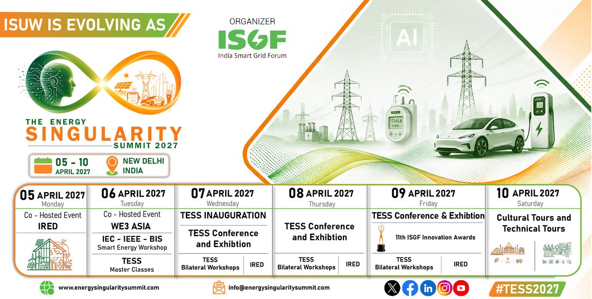 TESSsummit's tweet photo. TESS is evolved from 12 editions of India Smart Utility Week

TESS 2027 brings together global leaders across energy, AI, digital technologies, electric mobility and sustainability for a week of conferences, exhibitions, including the IRED and WE3 Asia.

https://t.co/IGLTGv4j5o https://t.co/VdJa910FjD