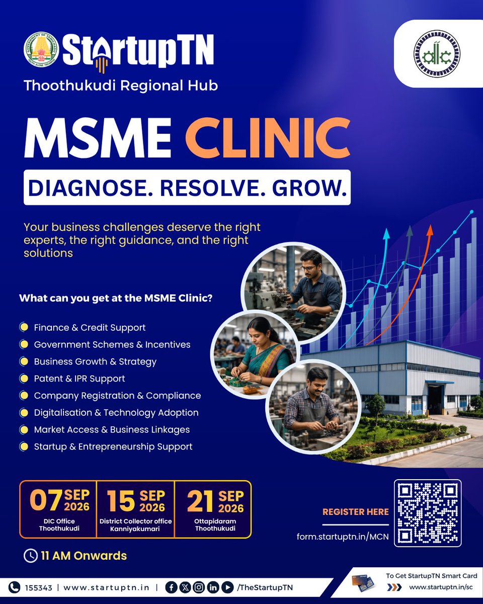 TheStartupTN's tweet photo. MSME CLINIC – DIAGNOSE. RESOLVE. GROW.

07 September 2026 – DIC Office, Thoothukudi
15 September 2026 – District Collector Office, Kanniyakumari
21 September 2026 – Ottapidaram, Thoothukudi

Time: 11:00 AM onwards

Register: https://t.co/1eJaiQT5gx

 #StartupTN

@TNDIPRNEWS https://t.co/YHQcLdtdRw
