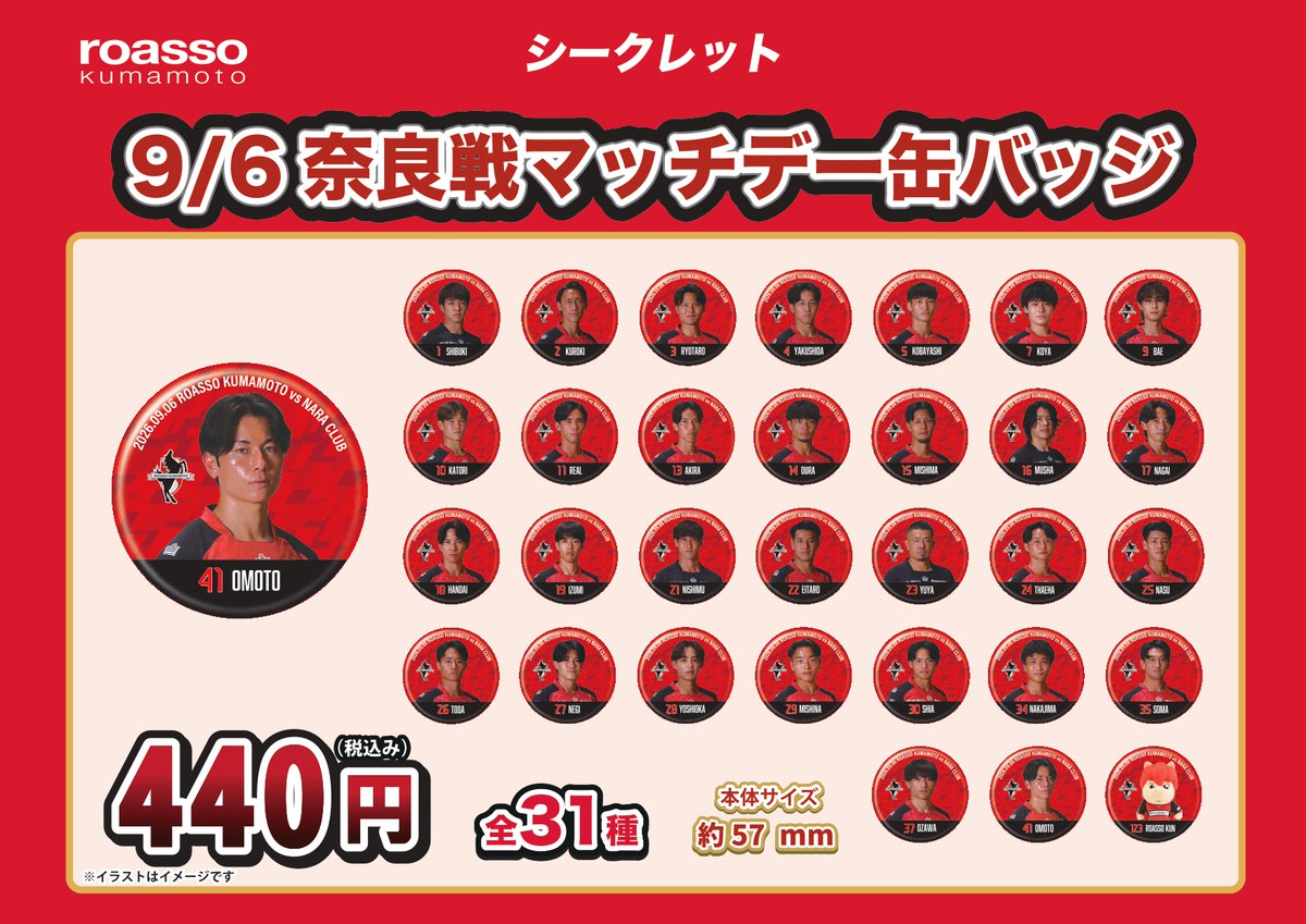 roassoofficial's tweet photo. /／
9/6（日）奈良クラブ戦
グッズ情報📢
\＼

🆕新グッズ
✅マッチデー缶バッジ（シークレット）
✅プレイヤーズSフラッグ（シークレット）

グッズ情報はこちら👇
https://t.co/Q4Mrjb3ukn

※お支払いは完全キャッシュレスとなっております。
詳しくはこちら👇
https://t.co/xgL8EYZ6Uy https://t.co/QA19V8EUIt