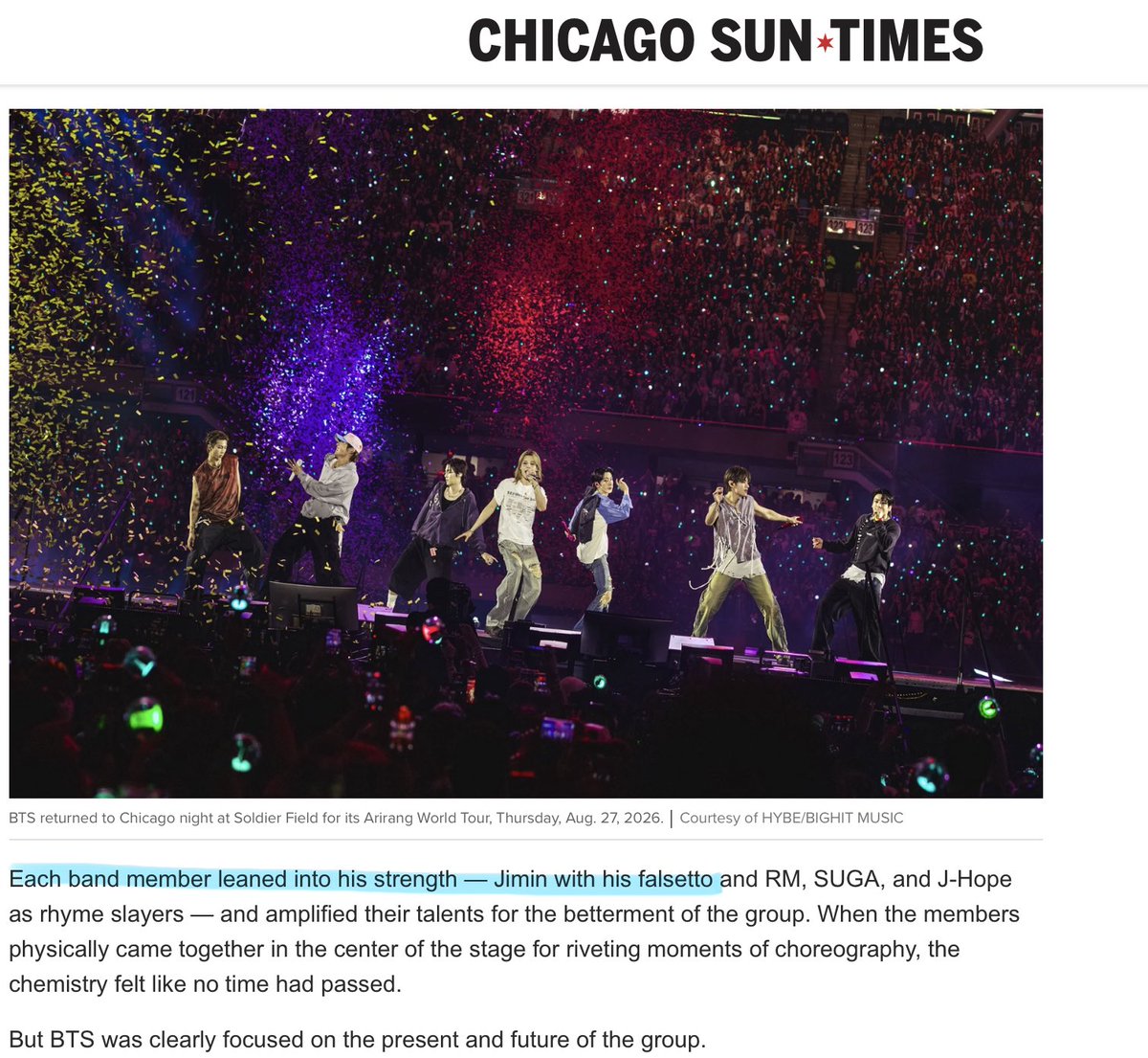 JiminGlobal's tweet photo. The Chicago Sun-Times, one of the largest circulated newspapers in the city, reviewed the BTS ARIRANG concert, specifically highlighted Jimin’s vocal ability, identifying his falsetto as a defining strength within the group. 

👤 “Each band member leaned into his strength — Jimin with his falsetto”

Another mainstream music critic recognizing Jimin’s vocal abilities.