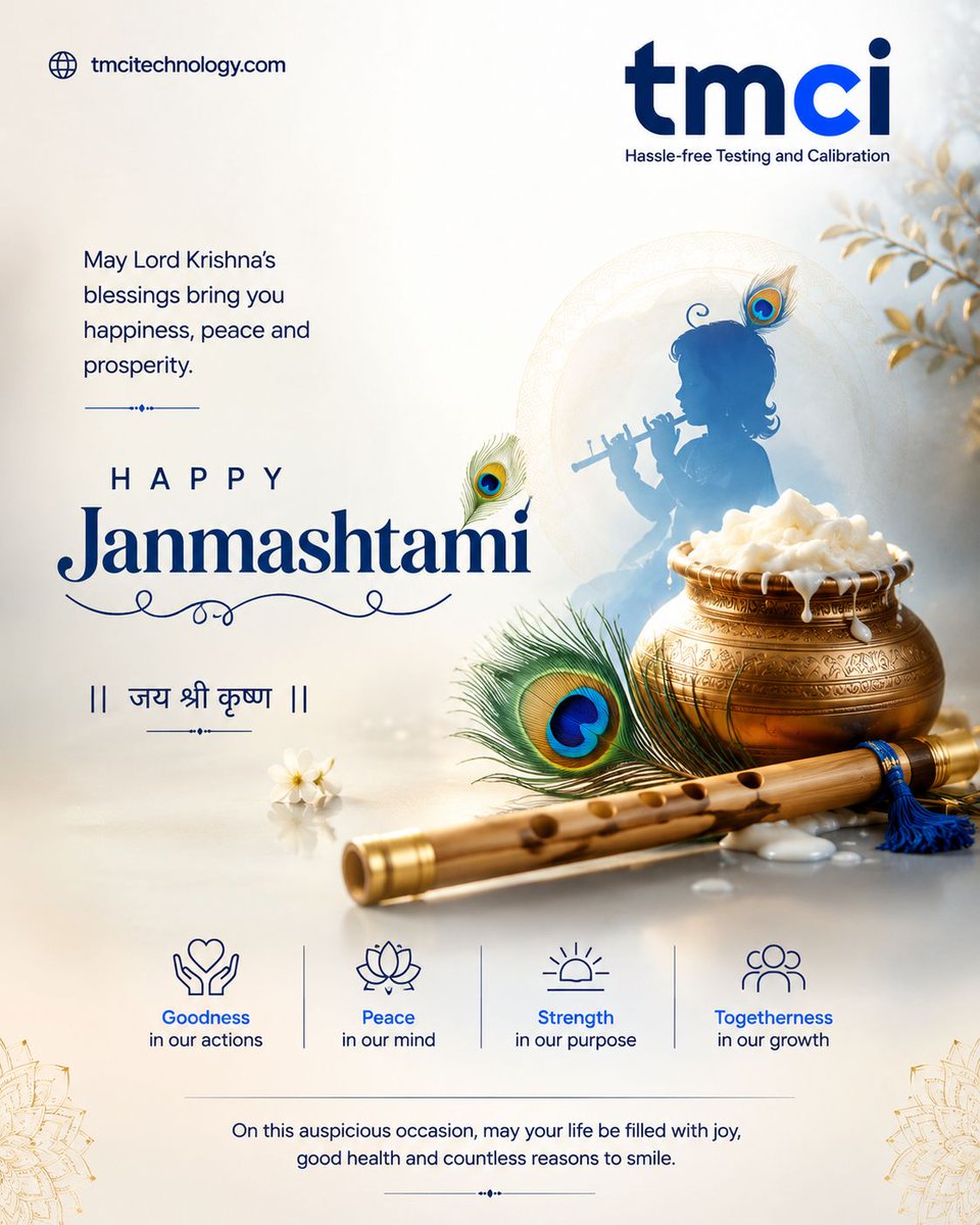 tmcitechnology's tweet photo. May Lord Krishna’s divine blessings bring peace, prosperity, happiness and new beginnings into your life.

✨ Wishing you and your family a blessed &amp; joyful Janmashtami! ✨

|| जय श्री कृष्ण ||

🌐 Website: https://t.co/XxXgDLe8DF

#HappyJanmashtami  #TMCI #TMCItechnology https://t.co/loGR6xbMTZ