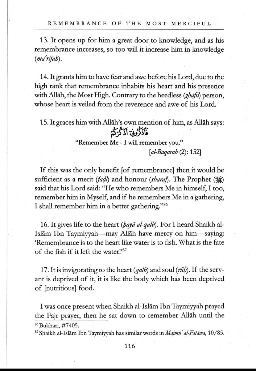 shahmir69420's tweet photo. The complete chapter on the benefits of remembering Allāh by ʾImām ʾIbn al-Qayyim al-Jawziyyah رحمه الله.

📚 al-Wābil al-Ṣayyib wa Rāfiʿ al-Kalim al-Ṭayyib (الوابل الصيب ورافع الكلم الطيب)

Translated by Dār as-Sunnah.

This chapter is arguably the most important chapter in this book. May Allāh bless the author and the translators and reward them abundantly.

I hope that someone else benefits from this as well, and that Allāh makes it a means of forgiveness for my sins.

[Pages 114–159]
