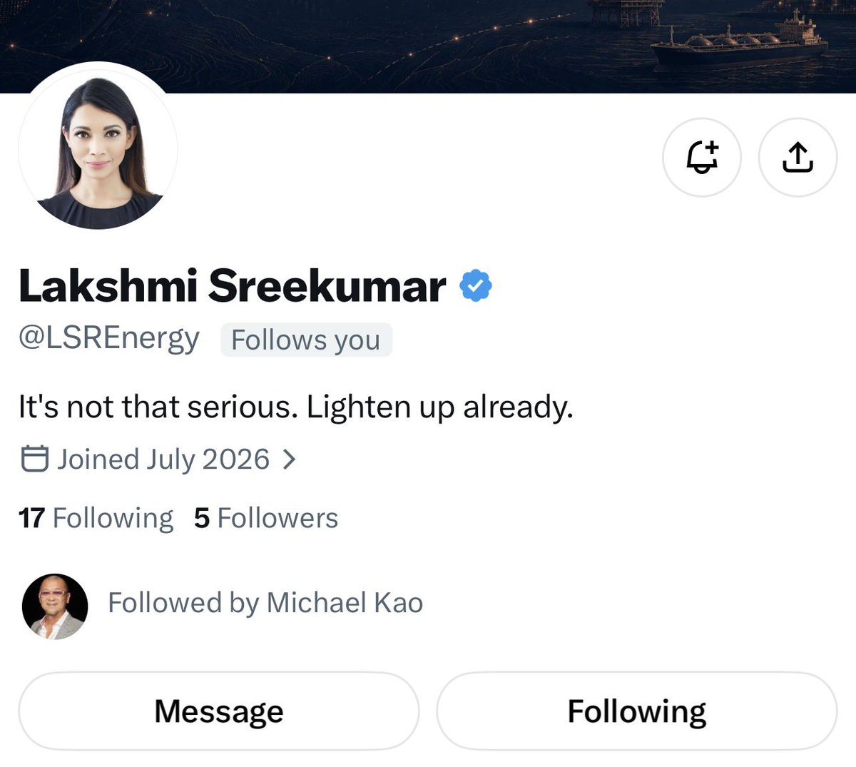 BurggrabenH's tweet photo. Do yourself a favour and follow my friend Lakshmi if you are into oil — and add a bit of motivation for her to become an active member of this community.

She is one of the most authoritative oil-market voices I know, with a depth of understanding few in the market can match. She probably also has the most no-nonsense tone in the business: says it exactly as she sees it, whichever way the conclusion points: long or short; and she doesn’t mince her words. I love that.

Best of all, among many other things, she does her own proprietary barrel tracking across the hottest spots comme il faut: SoH, BeM, Chinese consumption, Russian refinery runs — and a growing list beyond.

Thanks to her sharing her dark-fleet numbers with me — incredibly time-consuming and expensive work if done comme il faut — I was finally able to make sense of the oil puzzle in July. I’m not famous for requiring handholding. But in this new age of dark transportation at scale, we all need to up our game. The old tools simply aren’t good enough anymore.

Serious brain. Serious work. Serious insight.

@LSREnergy

PS: Please repost this recommendation. The new X algo only really gets things moving with a bit of help from the crowd.