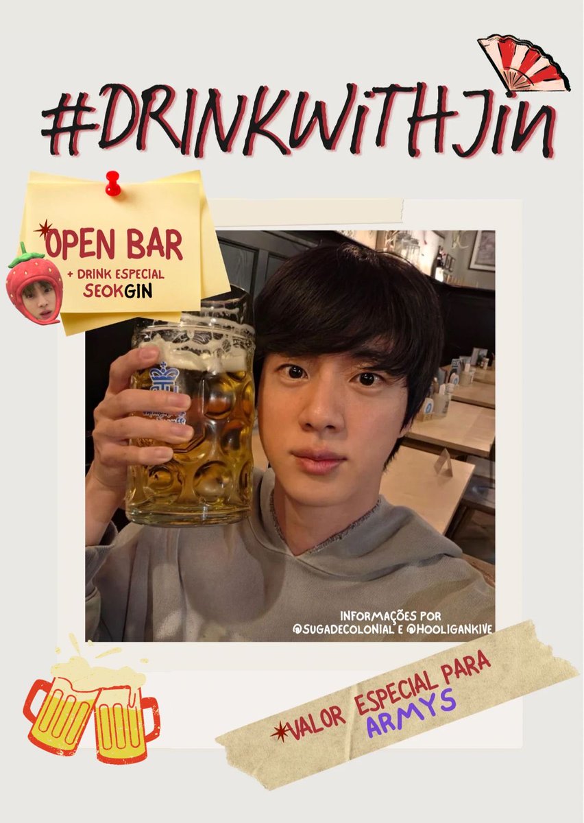 sugadecolonial's tweet photo. O #DrinkWithJin tem um NOVO local e a festa é OPEN BAR com um VALOR ESPECIAL só para as ARMYs! 💜🍻 

Todas as informações sobre local, valores e como garantir o seu ingresso, EM BREVE. https://t.co/dNRS8hh3IO