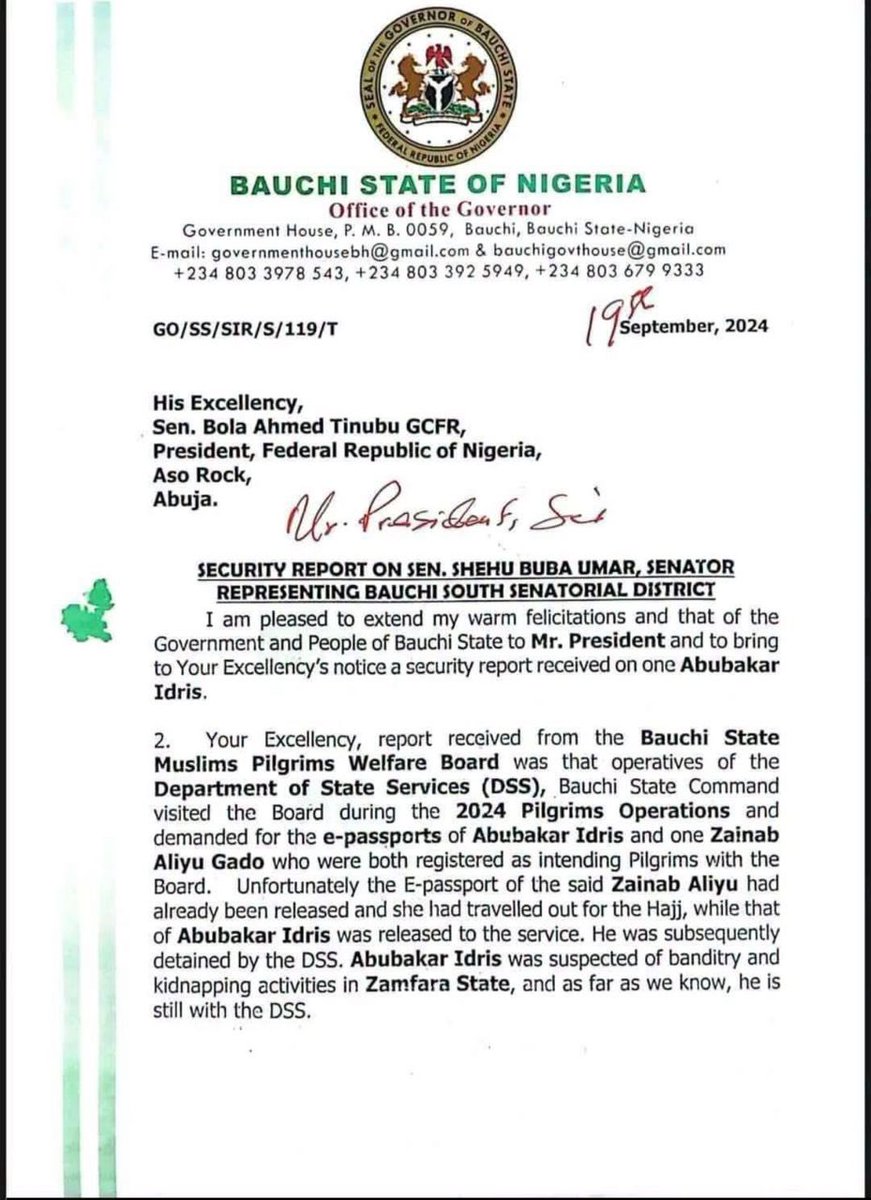 IU_Wakilii's tweet photo. UPDATE 💥 

This is the letter Governor Bala Muhammad wrote to President Bola Ahmed Tinubu raising alarm about Senator Shehu Buba on 19 September, 2025.

Omo! https://t.co/uwBa7pyi4T