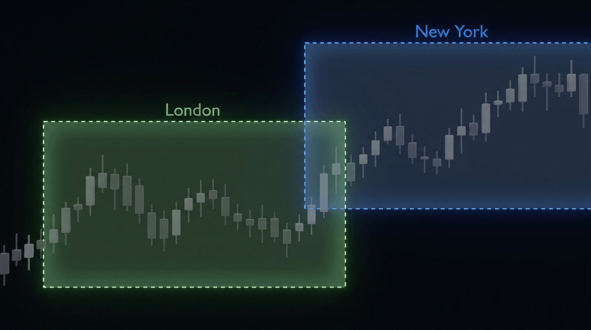 Chart from the original post showing the London session marked in green and the following New York session marked in blue.