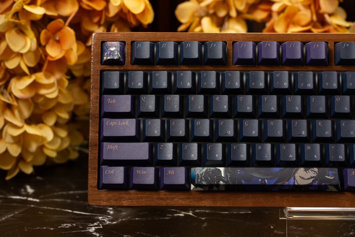 woodkeyboards's tweet photo. Beautiful wooden keyboard for @shxtou finished 🤩

Absolutely in love with how this turned out, the colors are so amazing looking together. The board was made from solid walnut wood, features front and back resin engravings, and a custom keycap set (artist credits below) 

Super happy with this build, can’t wait to see it in Shoto’s setup!

Artist credits:

Spacebar: @ramdayo1122 
Esc: @nihellie 
Logos: @bishiepro 
Keycap printing: @goblintechkeys