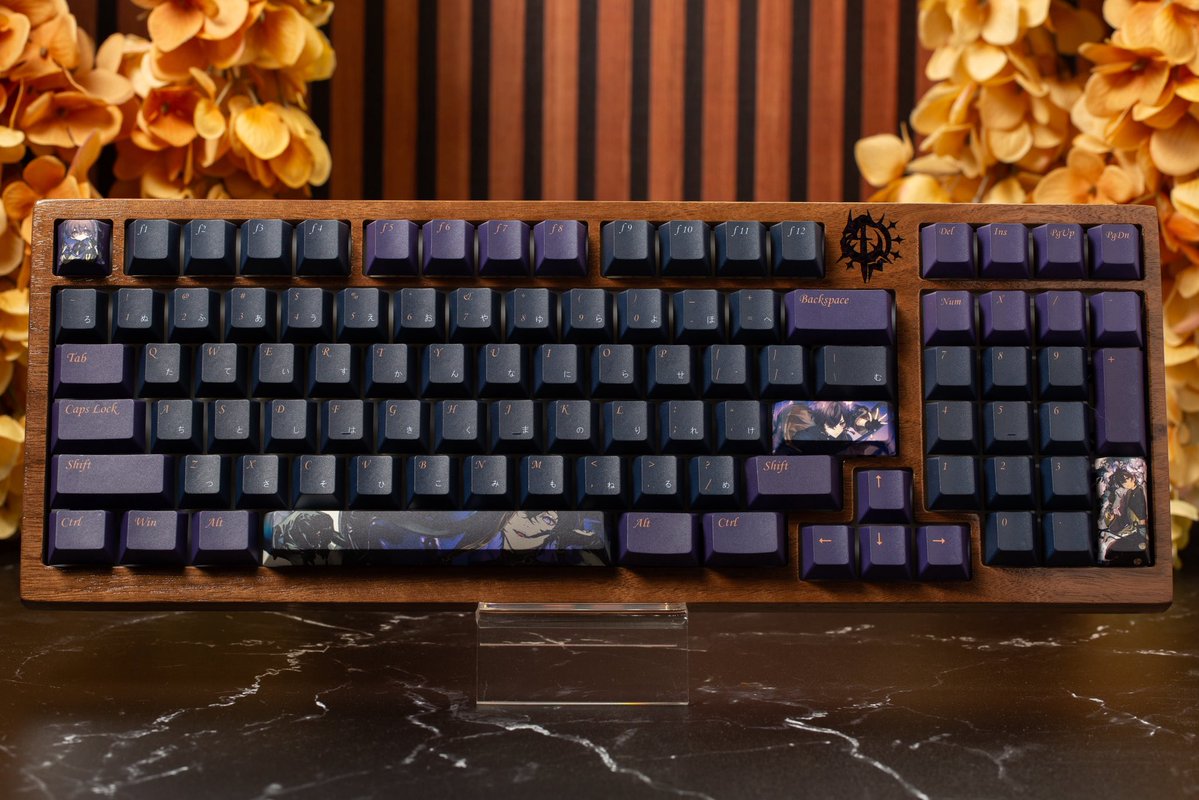 woodkeyboards's tweet photo. Beautiful wooden keyboard for @shxtou finished 🤩

Absolutely in love with how this turned out, the colors are so amazing looking together. The board was made from solid walnut wood, features front and back resin engravings, and a custom keycap set (artist credits below) 

Super happy with this build, can’t wait to see it in Shoto’s setup!

Artist credits:

Spacebar: @ramdayo1122 
Esc: @nihellie 
Logos: @bishiepro 
Keycap printing: @goblintechkeys