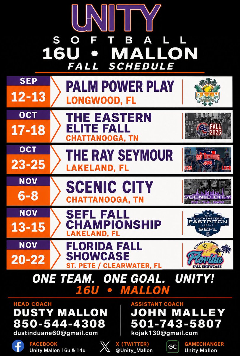 Unity_Mallon's tweet photo. 📣 Unity 16u - Mallon (28/29)
Fall Schedule! 

College coaches see you soon!
#Classof2028 #Classof2029

@ConnectSports_ 
@triplecrownspts 
@ray_seymour 

@LineDsoftball @ExtraInningSB @diamondaddicts @SBRRetweets @YAthletesF @CoastRecruits @scan1ansports @SunilSportsNews https://t.co/2XiT4ipEqf