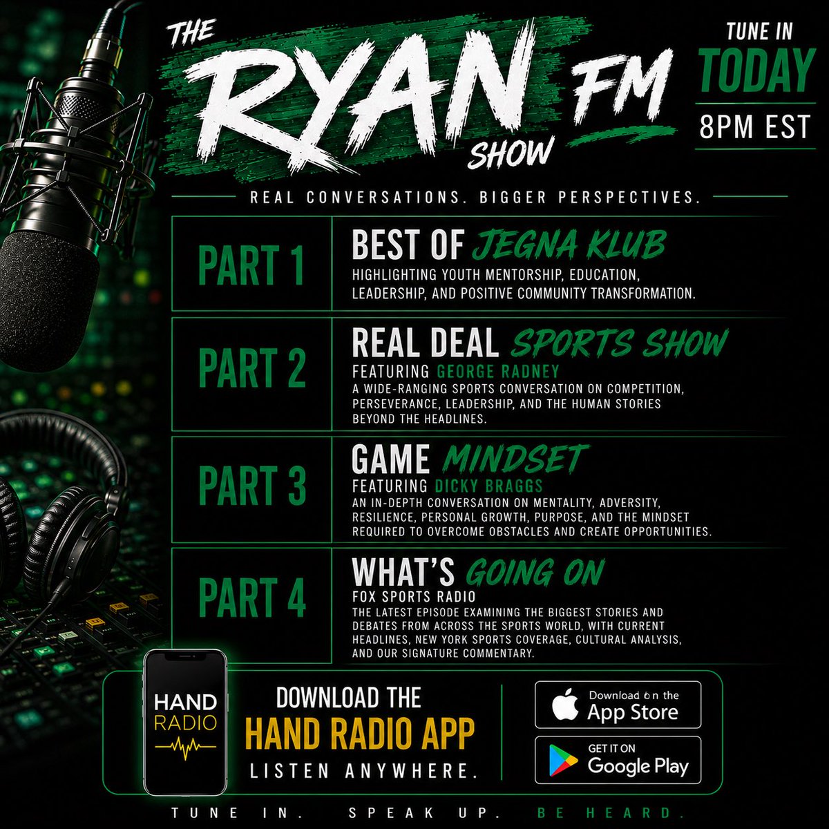 HAND_RADIO's tweet photo. Tune in Tonight at 8pm on The Ryan Show FM, on the HAND RADIO App!

Four different conversations covering youth empowerment, sports, mindset, and the biggest stories in sports and culture.

#TheRyanShowFM #HANDRADIO https://t.co/TCvYbhOtLT