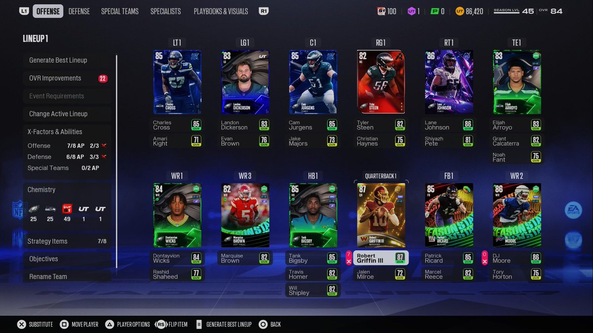 Hawk_Chief_'s tweet photo. 25 Eagles 25 Seahawks 
With some fillers like 86 Cam Little 
No major weak spots 
87 speed 88 acc Bigsby, Wicks and Homer.
84 speed Hargrave. 
@SwiftYouTube_ @Zirksee @Gutfoxx @Moshimadden @EASPORTS_MUT @MisterCiv @UseCodePOP https://t.co/pbFWvqw0vc