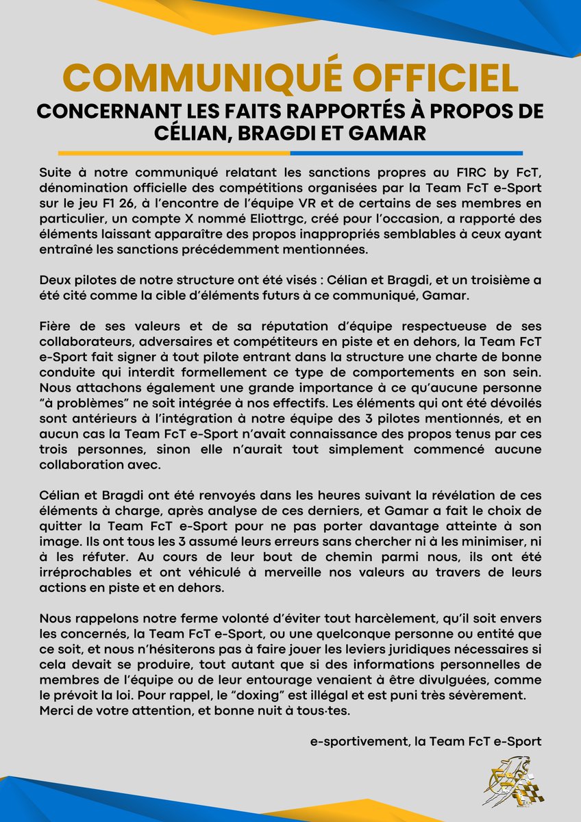 TeamFcT_F1's tweet photo. 🔴Communiqué officiel au regard de la situation concernant les faits rapportés concernant Célian, Bragdi et Gamar.
La Team FcT e-Sport reste à votre disposition en cas de question et enclin tout un chacun à rester respectueux dans les commentaires de ce post. https://t.co/RP3MjvRfrR