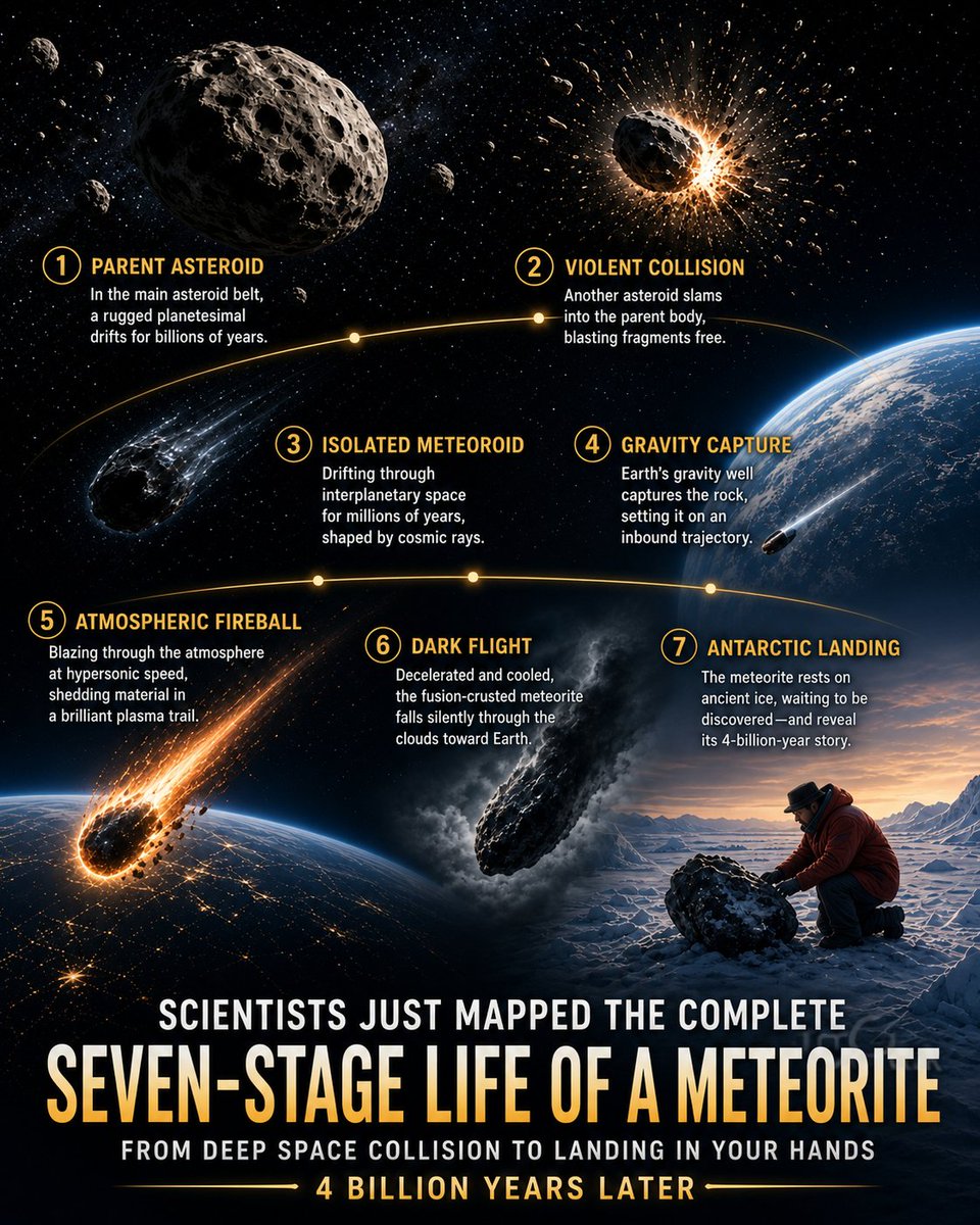 CosmiclabSpace's tweet photo. Scientists just traced the complete seven-stage life of a meteorite. From deep space to your hand if you're lucky enough to find one.

Studying 75 meteorites falling to Earth, scientists have identified the seven stages a space rock goes through as it crashes through our atmosphere.