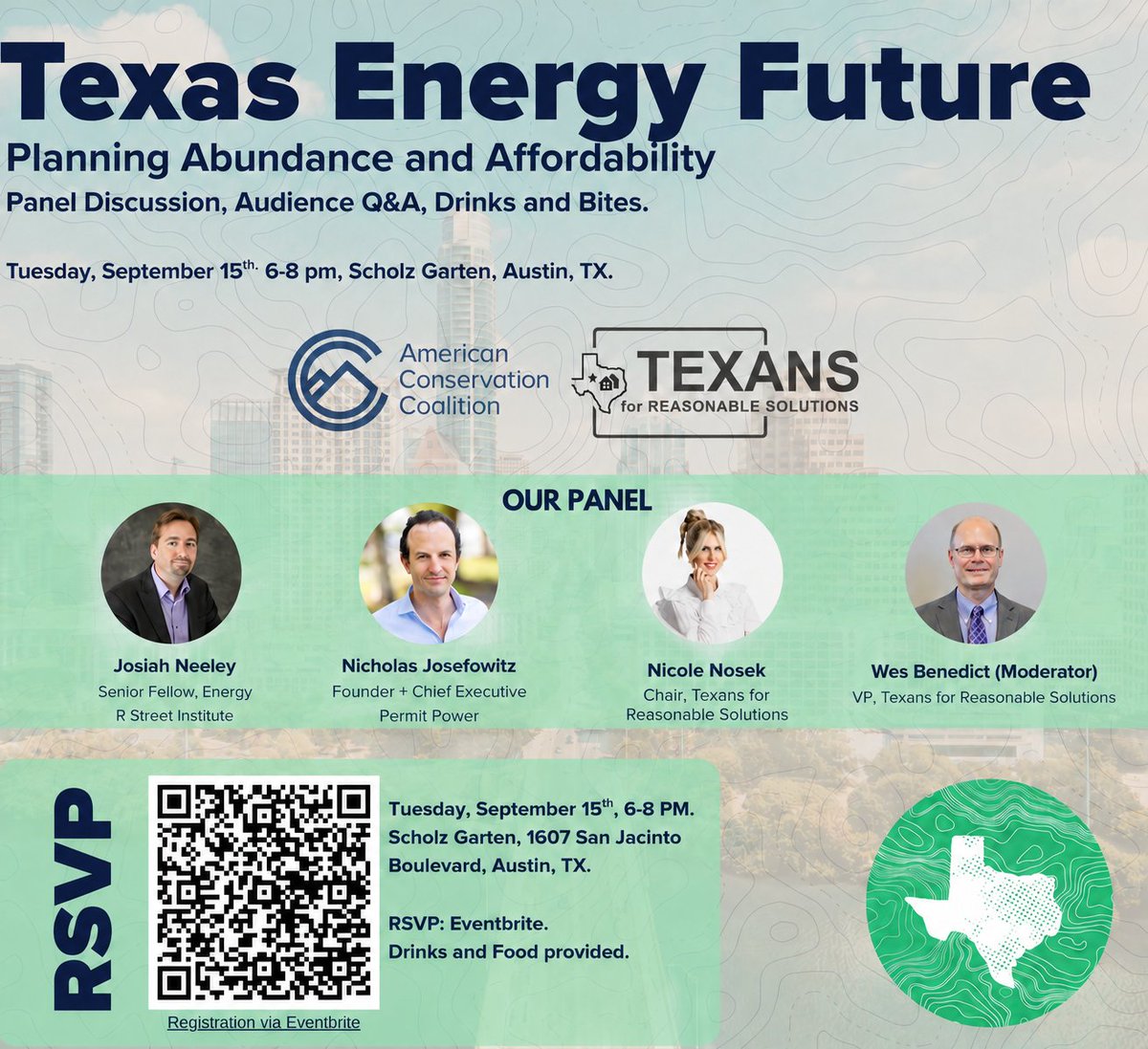 TXReasSolutions's tweet photo. Austin, save your seat now! ⚡

Join us Sept. 15 at Scholz Garten in Austin for a panel + Q&A on the future of Texas power planning and affordability with our friends at @ACC_National.

Featuring Nicholas Josefowitz (@josefowitz), Josiah Neeley (@jneeley78), Nicole Nosek (@NicoleNosek417) and Wes Benedict (@Wes_Benedict), with @RSI, @PermitPower_ and @ACC_National

🎟️ Reserve your spot today: Link in the comment.

#TexasEnergy #AustinEvents #txlege