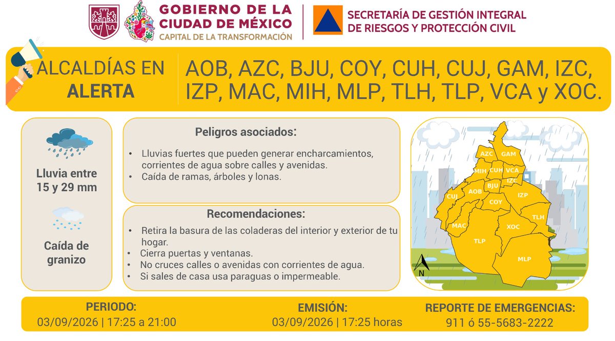 SGIRPC_CDMX's tweet photo. ⚠️🌨️ Se actualiza #AlertaAmarilla por persistencia de #lluvias fuertes y posible caída de #granizo, para la tarde y noche del jueves 03/09/2026, en todas las demarcaciones de la Ciudad de México.

Atiende las recomendaciones y mantente informado.

#PronósticoDelTiempo #LaPrevenciónEsNuestraFuerza