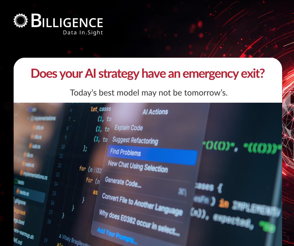 billigence's tweet photo. Does your AI strategy have an emergency exit?

Today’s best model may not be tomorrow’s. As pricing, access and capabilities change, portability matters.

Build for flexibility, not lock-in.

#AIArchitecture #EnterpriseAI #DataStrategy #OperationalResilience https://t.co/Bczn7IWFUT
