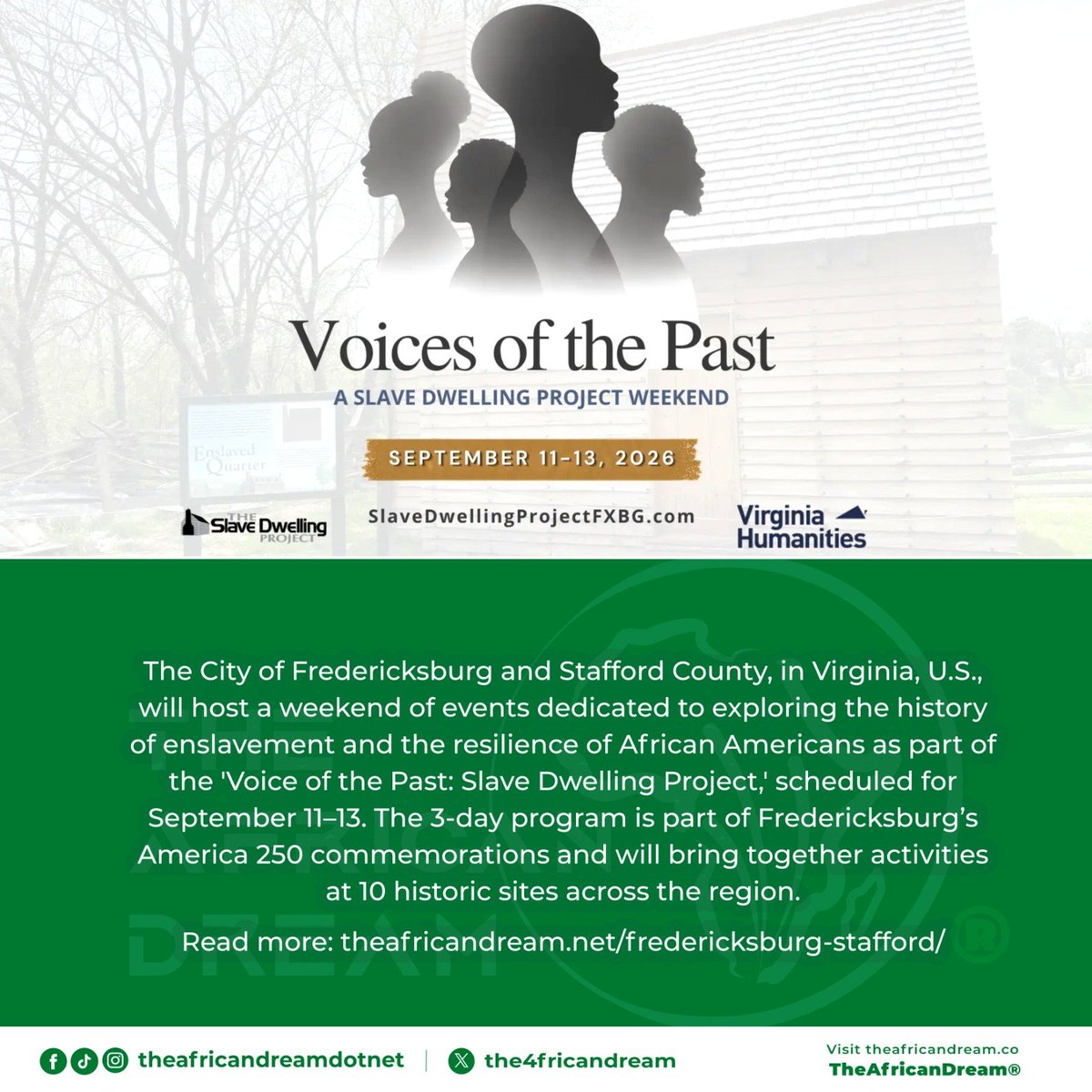 oralofori's tweet photo. The City of Fredericksburg and Stafford County, in Virginia, U.S., will host a weekend of events dedicated to exploring the history of enslavement and the resilience of African Americans as part of the 'Voice of the Past: Slave Dwelling Project,' scheduled for September 11–13.
*
The 3-day program is part of Fredericksburg’s America 250 commemorations and will bring together activities at 10 historic sites across the region.
*
Read more: https://t.co/k51uwmaKKl
*
*
#AfricanAmericanHistory
#CityOfFredericksburg
#StaffordCounty
#BlackHistory
#Virginia