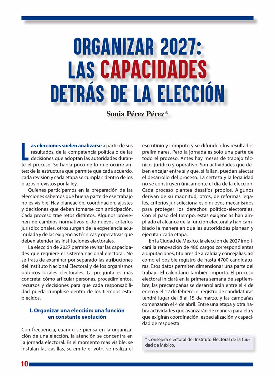 revistavyvmx's tweet photo. 🗳️ Una elección puede empezar a fallar mucho antes de que abra la primera casilla.

2027 exigirá coordinar personas, tecnología, recursos, verificaciones y decisiones dentro de plazos cada vez más estrechos.

⚙️ Sonia Pérez Pérez, consejera electoral del IECM, analiza en “Organizar 2027: las capacidades detrás de la elección” qué necesitarán las instituciones electorales para responder a un proceso cada vez más complejo.

📖 Lee el artículo completo:
 https://t.co/IIqAVvc2kA
🔔 Suscríbete:
 https://t.co/sNXxPIPIVI

#VozYVoto #Elecciones2027 #Democracia #IECM